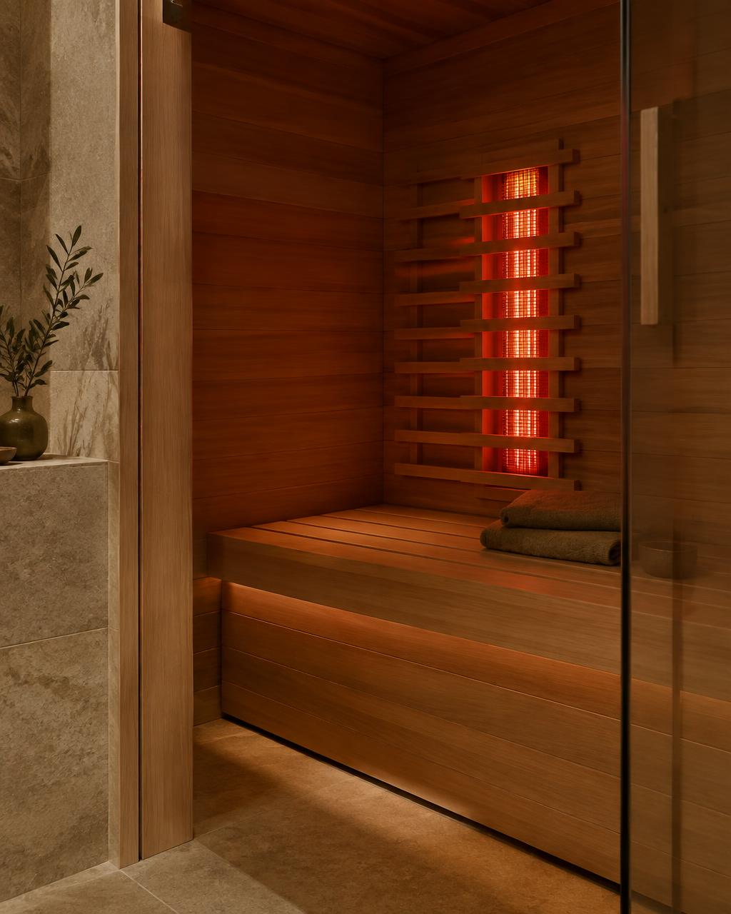A warm wooden infrared sauna with a glowing red heating panel