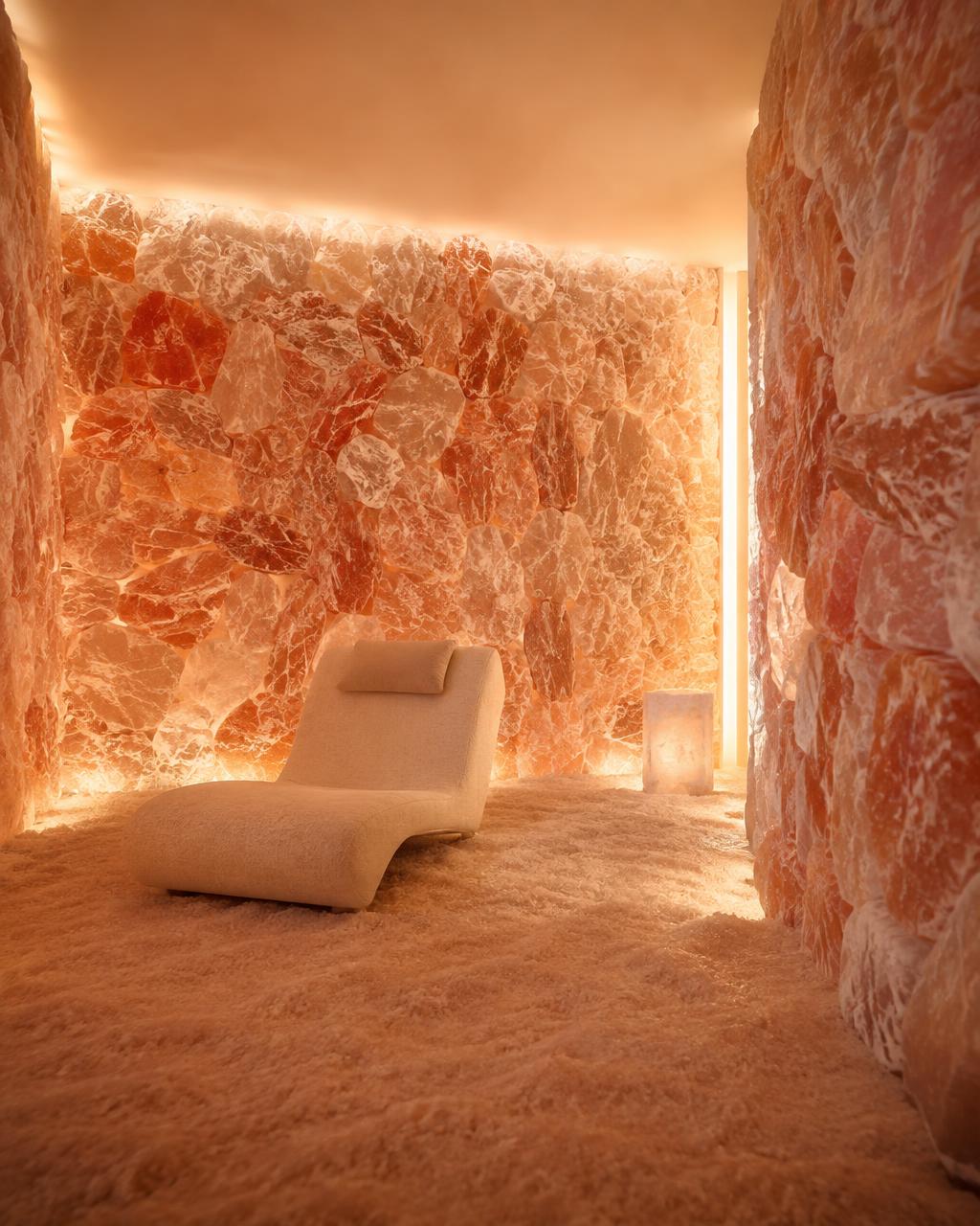 A lounge chair in a softly lit salt cave