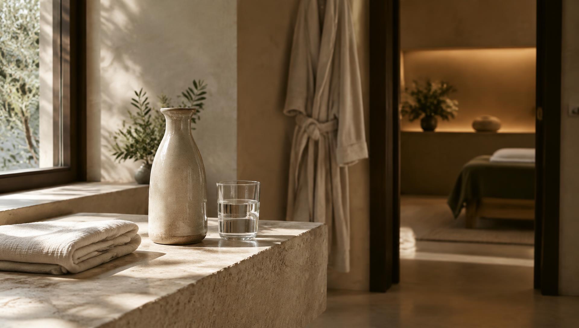 A folded towel and water carafe on a stone ledge, a robe beside a doorway into a warm-lit recovery room